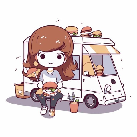 Illustration of a Girl Eating a Burger at the Fast Food Truck