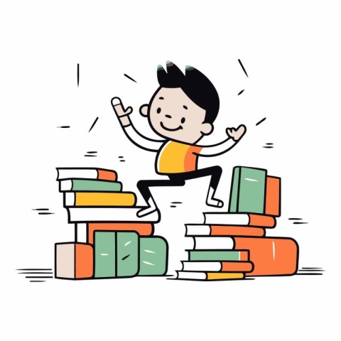 Boy jumping on pile of books in cartoon style.