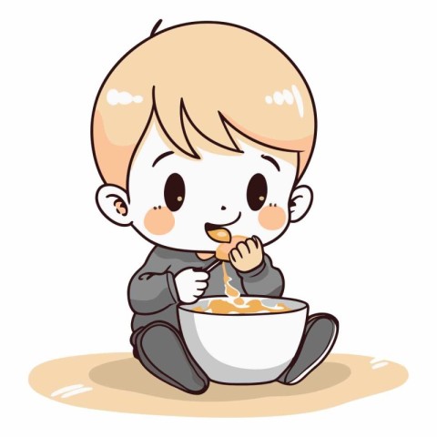 boy eating cereals in a bowl with spoon.