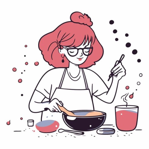 Vector illustration of a woman cooking soup with chopsticks in t