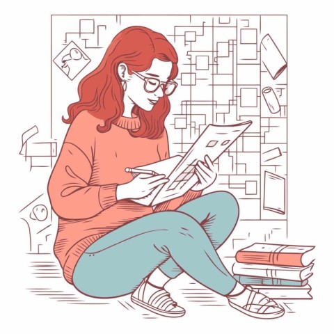 Young woman reading a book at home in line art style.