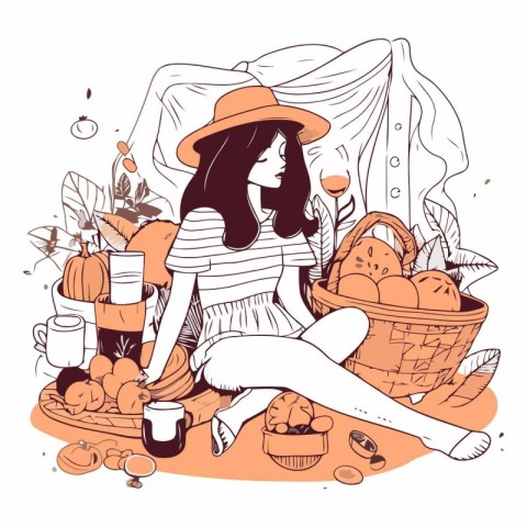 Vector illustration of a beautiful woman sitting in a basket wit