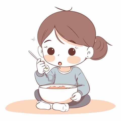 Illustration of a Little Girl Eating a Bowl of Rice with a Spoon