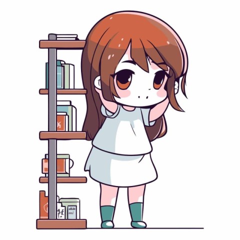 cute little student girl with bookshelf cartoon vector illustrat