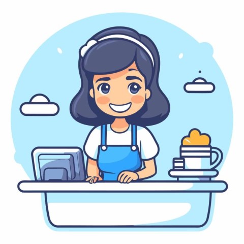 Cute little girl in apron sitting in the kitchen with laptop.