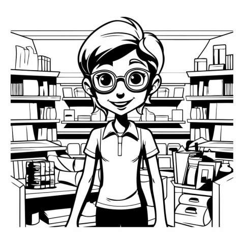 Schoolgirl with glasses standing in front of bookshelf.