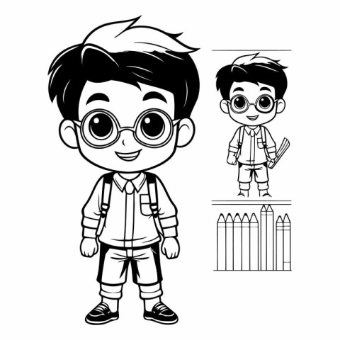 Cute boy with glasses and pencils cartoon vector illustration gr