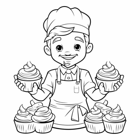 Illustration of a Cute Boy Chef Holding Cupcakes for Coloring Bo