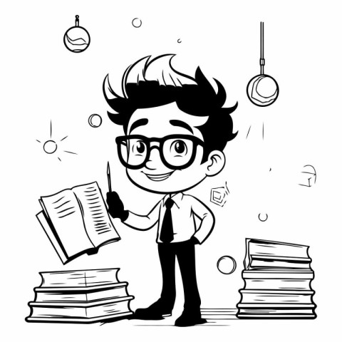 Schoolboy with books - Black and White Cartoon Illustration. Vec