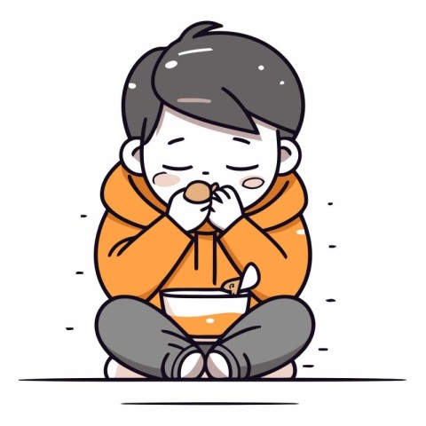 Illustration of a little boy who has a cold while eating soup