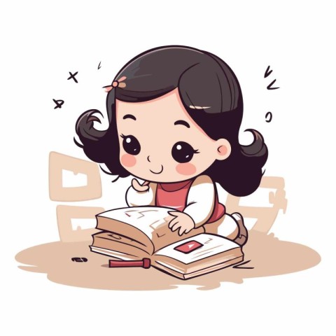 Cute little girl reading a book. Vector cartoon character illust