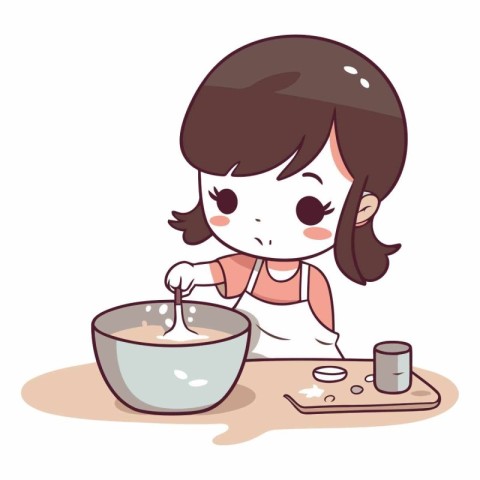 Girl making a cake in the kitchen on white background.