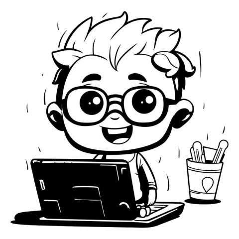 Boy Using Laptop - Black and White Cartoon Illustration. Vector