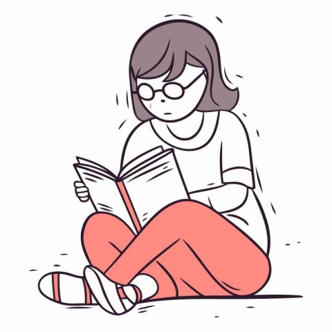 Young woman reading a book in doodle style