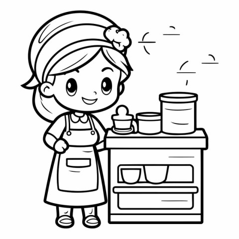 Black and White Cartoon Illustration of Cute Little Girl Cooking