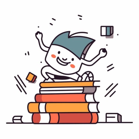 Vector illustration of a happy boy sitting on a stack of books.