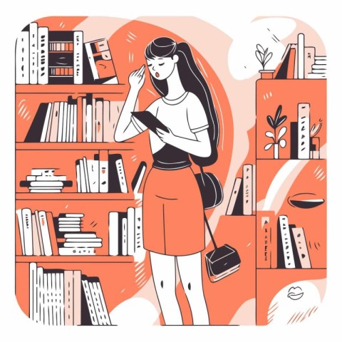 Vector illustration of a young woman in the library. reading boo