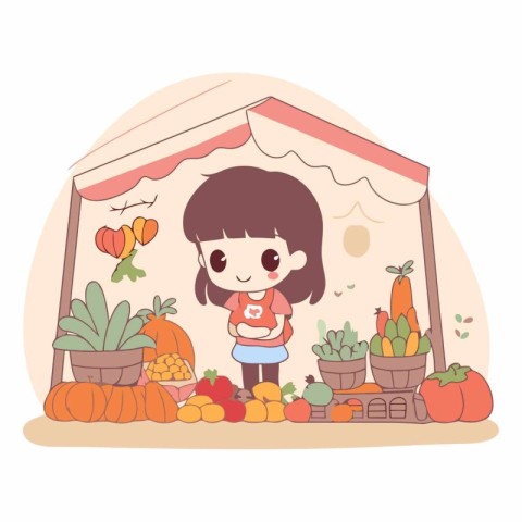 Illustration of a Cute Little Girl in a Farmer's Market