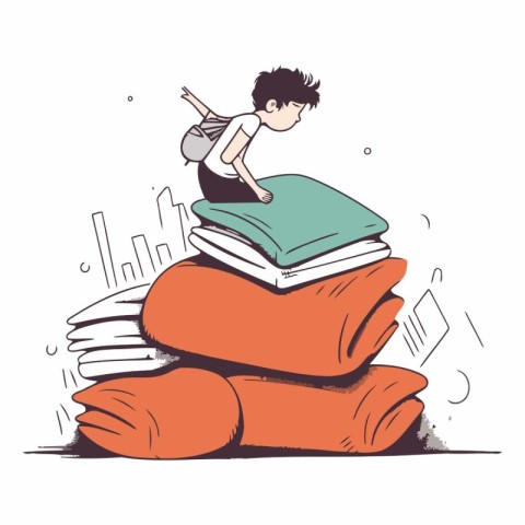 Illustration of a boy climbing up on a pile of books.