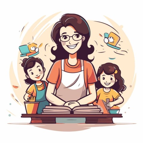 Teacher with children reading books in cartoon style.