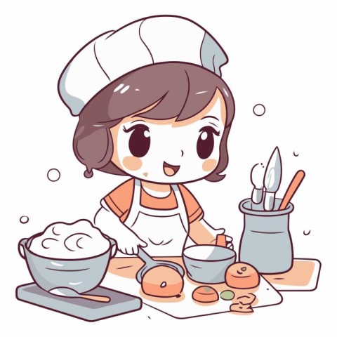 Illustration of a Little Girl Cooking in the Kitchen. Cartoon Ch