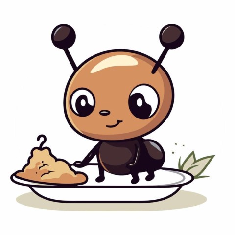 Cute little ant with plate of food. cartoon vector illustration.