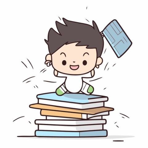 Little boy with stack of books in cartoon style.