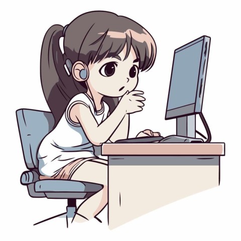 A cute cartoon girl sitting at her desk and using a computer.