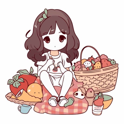 A cute girl who is sitting in a picnic basket with some food