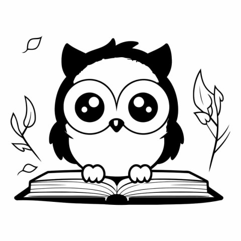 Owl reading book. Black and white vector illustration for colori