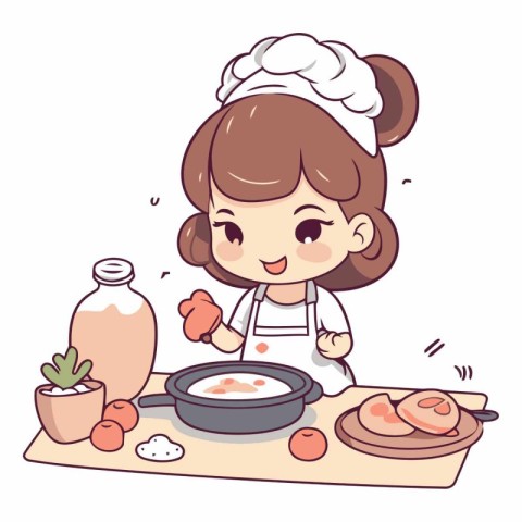 Illustration of a Cute Little Girl Cooking in the Kitchen.