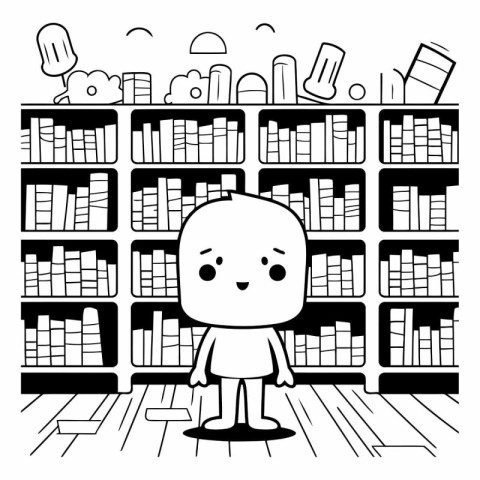 Cute cartoon boy standing in library. Black and white vector ill