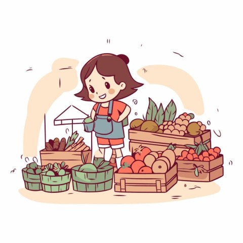 Cute little girl buying fruits and vegetables at the market. Han