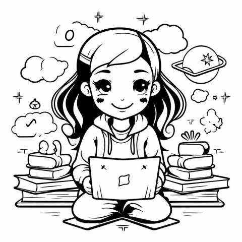 Black and White Cartoon Illustration of Girl Reading Book on Sta