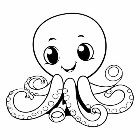 Black and White Cartoon Illustration of Cute Octopus Character f