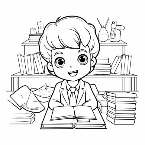 Vector illustration of a schoolboy with books. Coloring book for