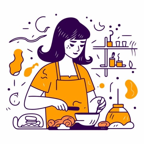 Woman cooking in the kitchen in doodle style.