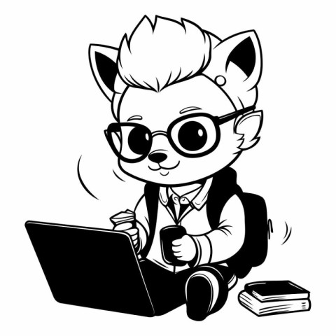 Vector illustration of Cute Cartoon Fox Student with Laptop and