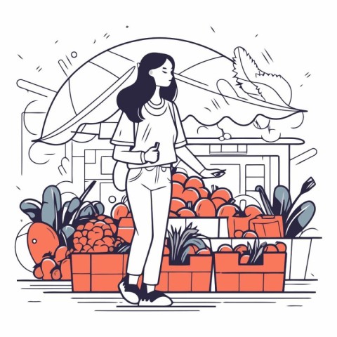 Vector illustration of a woman shopping in a supermarket. Linear