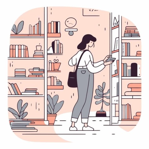 Woman standing in front of bookshelves and using smartphone. Fla