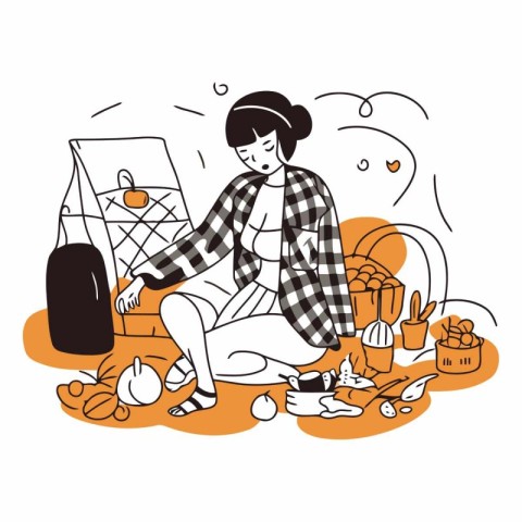 Vector illustration of a girl in a checkered shirt sitting on th