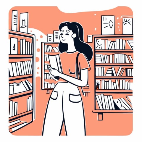 Young woman reading a book in library in line art style