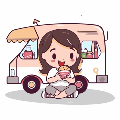 cute girl eating ice cream in camper van cartoon vector illustra