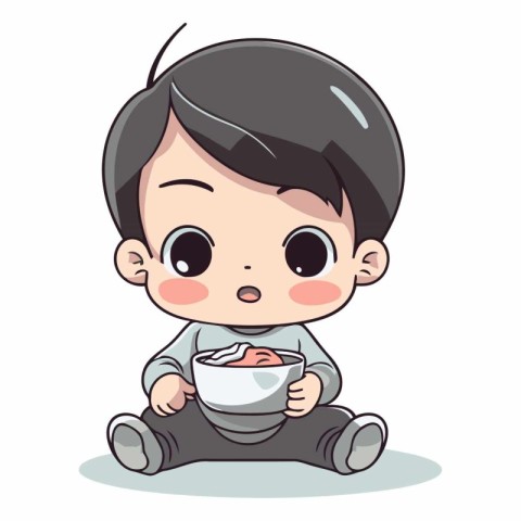 Cute little baby boy sitting and eating cereals.