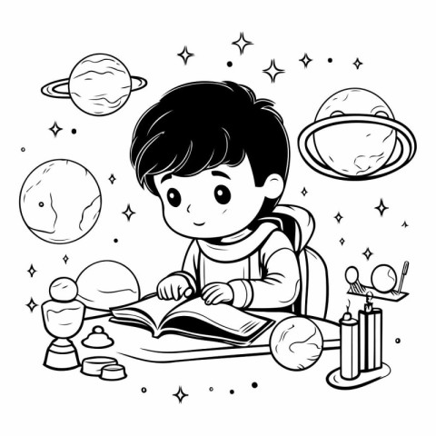 Boy reading a book in the space. black and white vector illustra