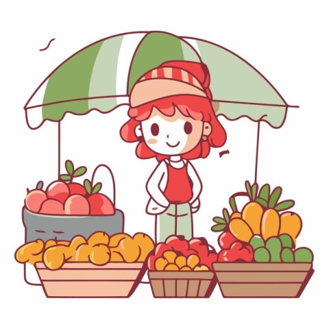 Fruit market. girl selling fruits and vegetables.