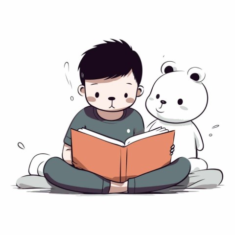 Illustration of a boy reading a book with a teddy bear