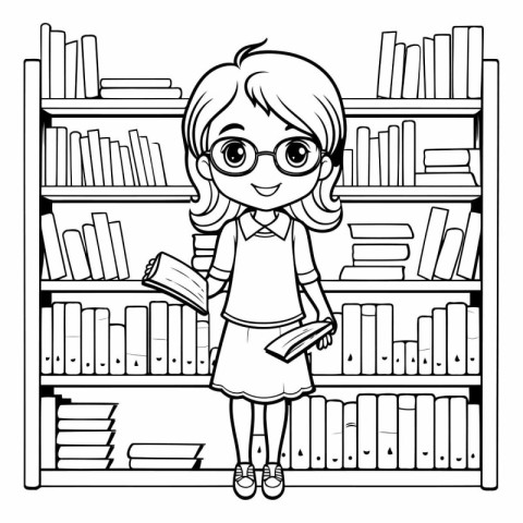 Coloring book for children: girl with a book in the library