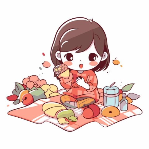 Illustration of a cute little girl having a picnic at home.