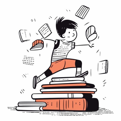 Boy jumping on a stack of books in sketch style.